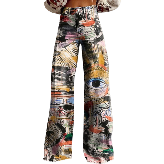 Vaqueros de pierna ancha con estampado artístico multicolor