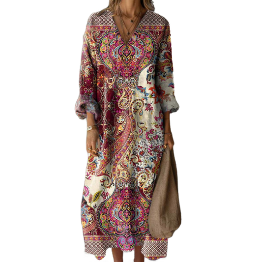 Vestido bohemio largo multicolor con estampado paisley, escote en V y mangas 3/4