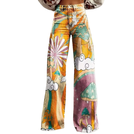 Vaqueros acampanados de colores con diseño psicodélico y estampado multicolor