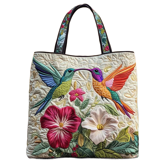 Bolsa acolchada de tela con diseño bordado de aves y flores, con asas cortas