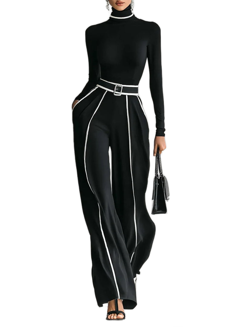 Conjunto negro con cuello alto, cinturón con hebilla y líneas blancas en pantalón ancho