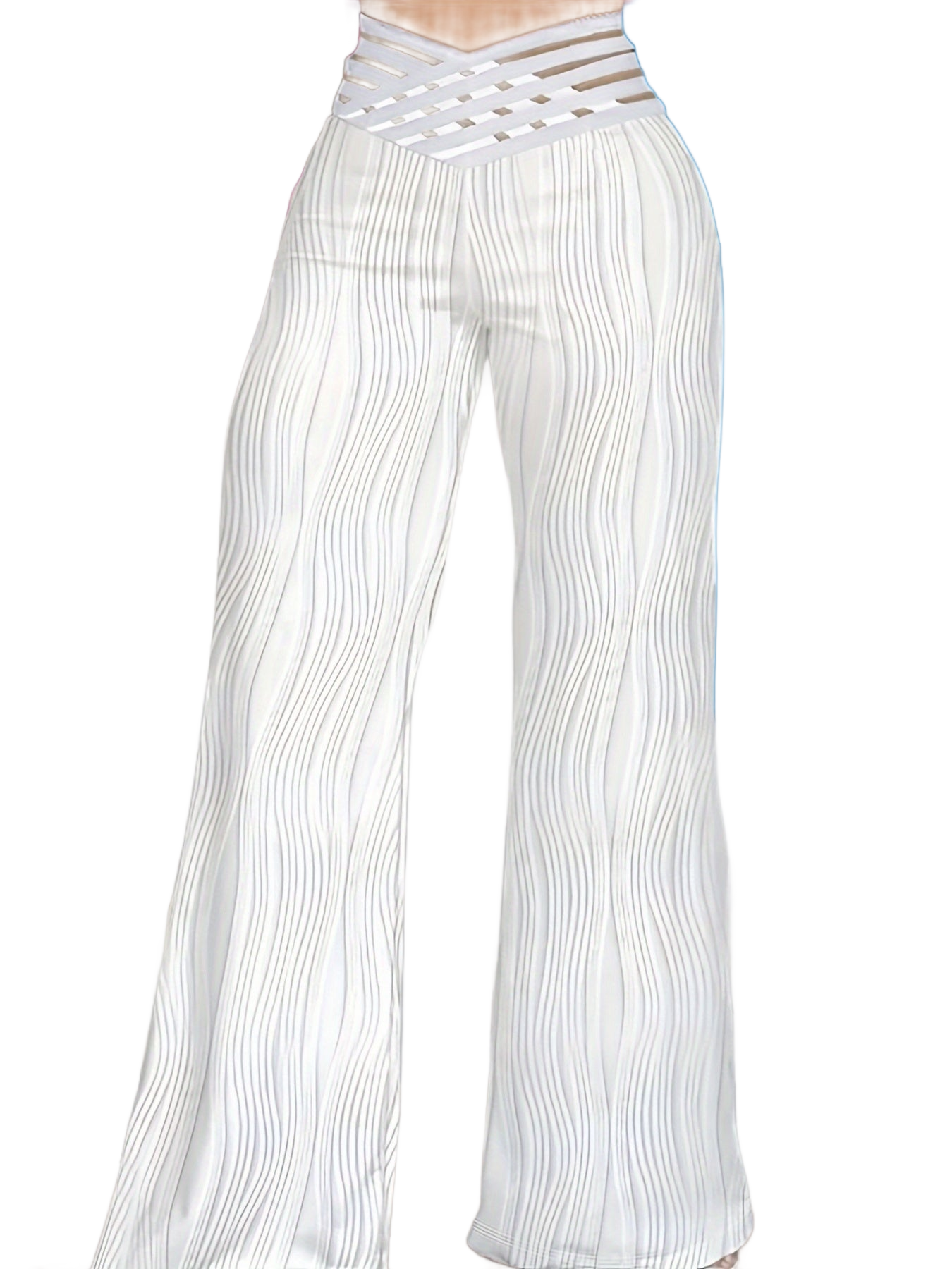 Pantalones blancos de cintura alta cruzados, rayas verticales onduladas y pernera ancha