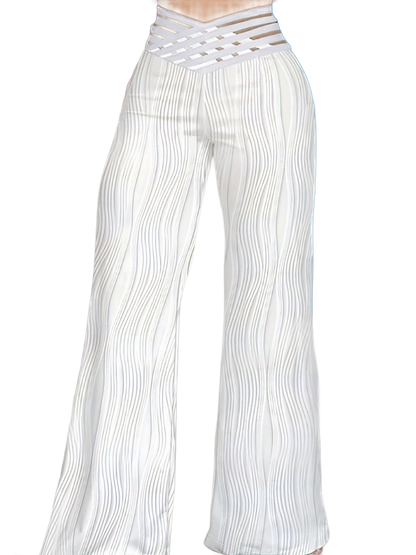 Pantalones blancos de cintura alta cruzados, rayas verticales onduladas y pernera ancha