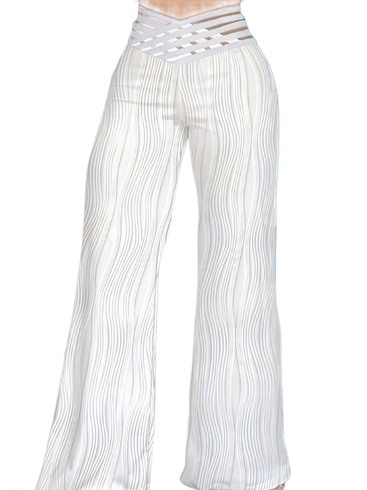 Pantalones blancos de cintura alta cruzados, rayas verticales onduladas y pernera ancha