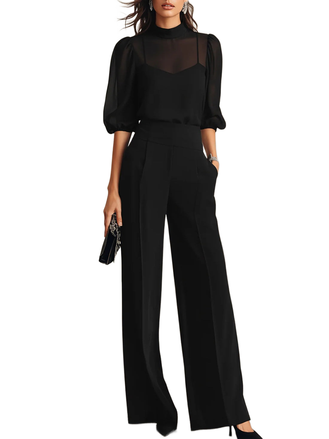 Conjunto negro de tres piezas: blusa de gasa con mangas globo y pantalón palazzo.