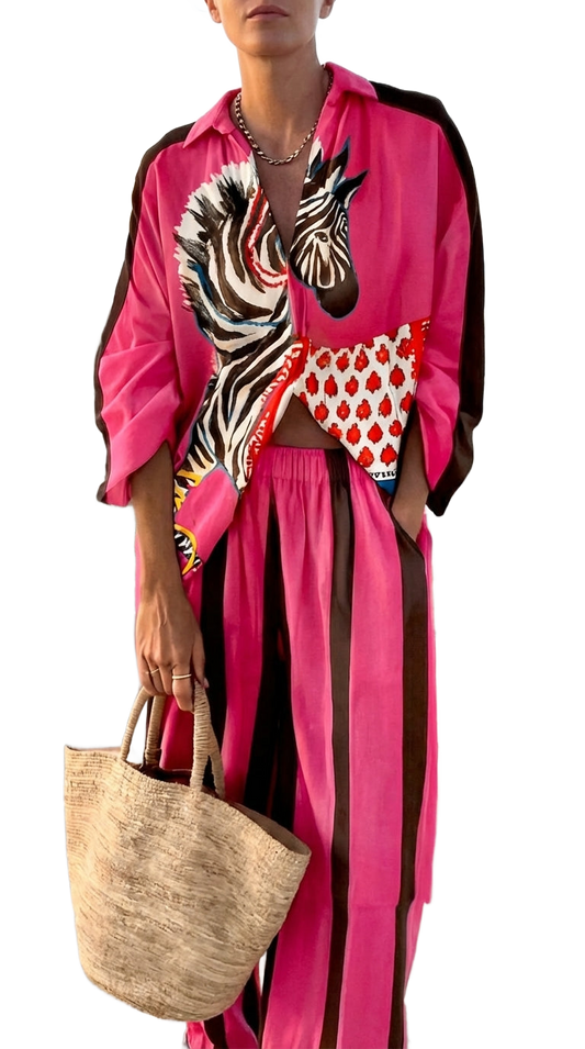 Conjunto de vestido tipo kaftán rosa con estampado cebra y bolsillos, con falda