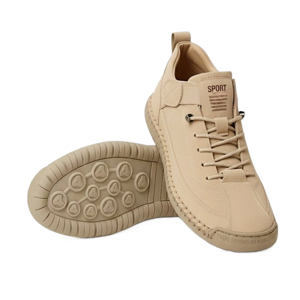 Zapatillas ortopédicas beige con cordones y suela de goma, vista frontal y lateral.