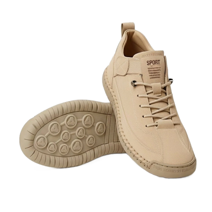 Zapatillas ortopédicas beige con cordones y suela de goma, vista frontal y lateral.