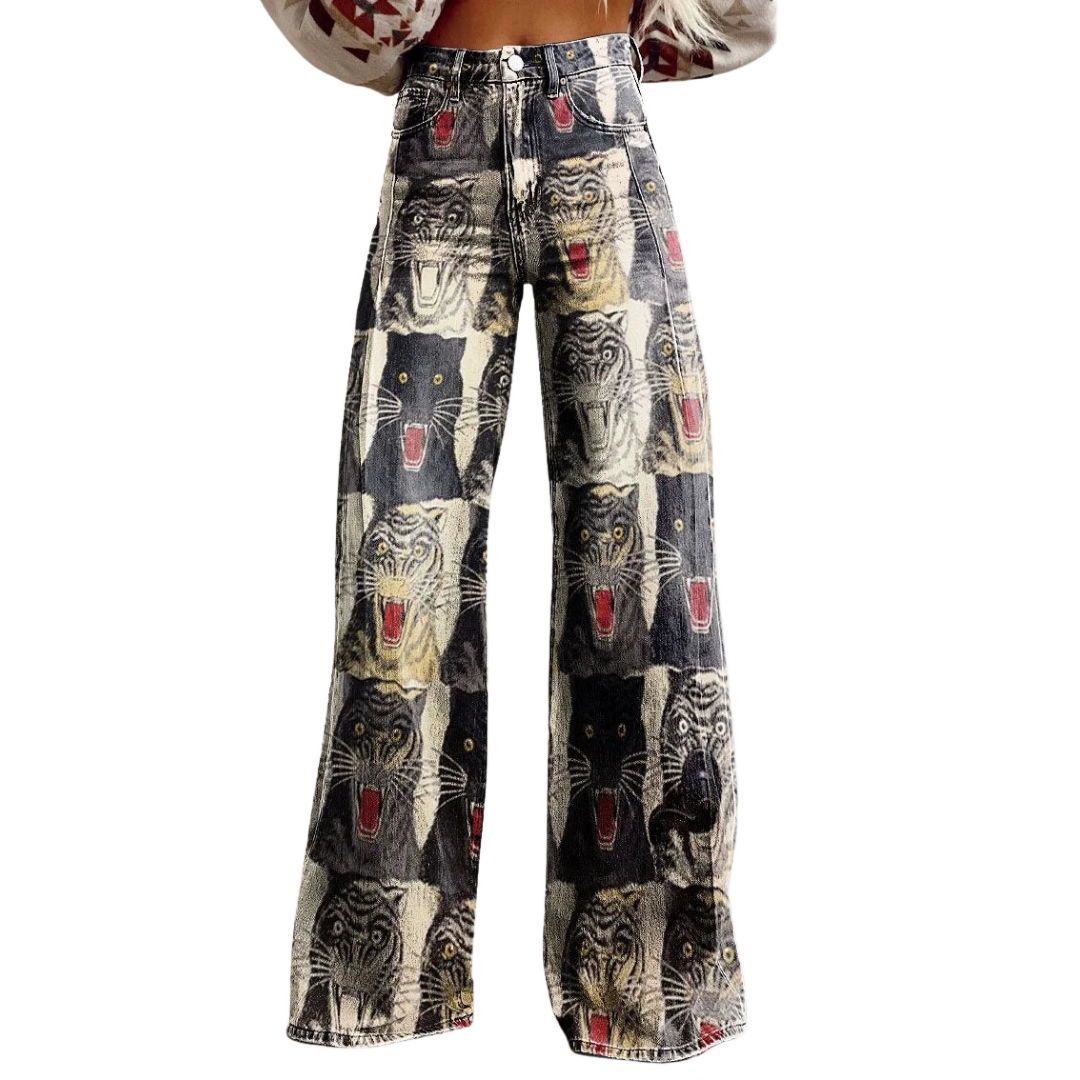 Vaqueros de corte ancho multicolor con estampado de gatos, pierna recta