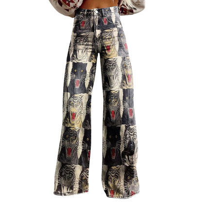 Vaqueros de corte ancho multicolor con estampado de gatos, pierna recta