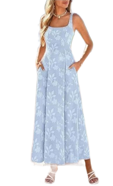 Vestido midi azul claro con estampado floral, cuello cuadrado y tirantes finos