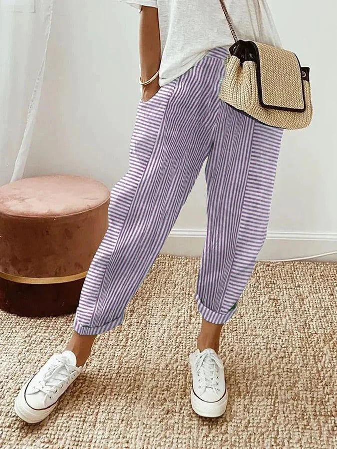 Pantalones de corte ancho con rayas verticales lila, cintura elástica