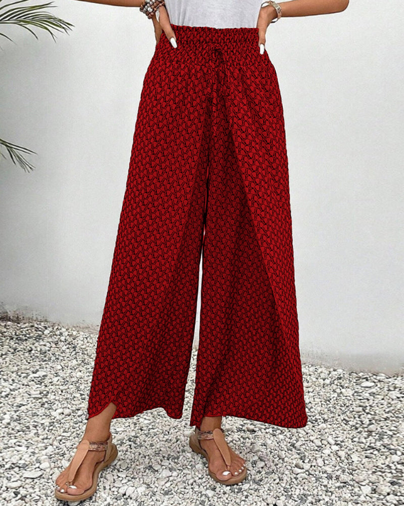Pantalones de pierna ancha rojos con cintura elástica y estampado micro, tiro largo