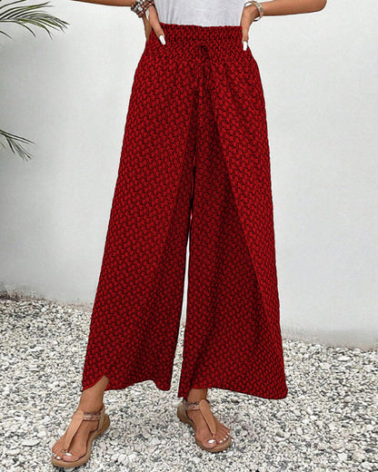 Pantalones de pierna ancha rojos con cintura elástica y estampado micro, tiro largo