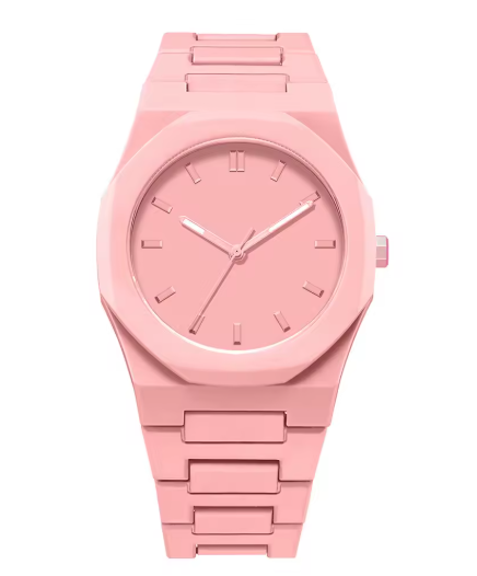 Reloj minimalista rosa con correa a eslabones y esfera rosa con marcadores