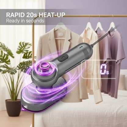 Plancha de vapor portátil gris con aro morado, vapor y luz de calentamiento 0s.