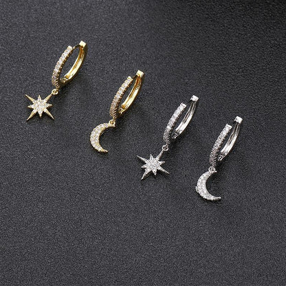 Juego de pendientes de aro con colgantes de luna y estrella, dorado y plateado