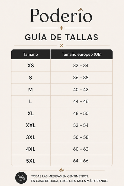 Guía de tallas Poderio: tabla XS–5XL con rangos de talla europea (UE)