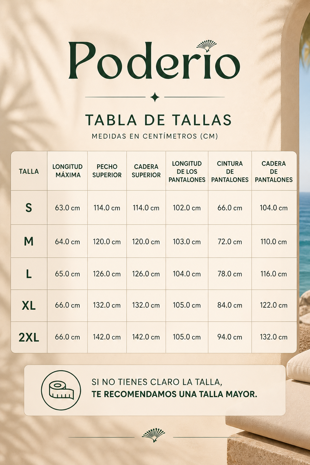 Guía de tallas en tabla para conjunto: medidas S a 2XL, Podérido