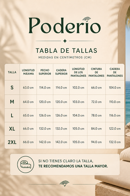 Guía de tallas en tabla para conjunto: medidas S a 2XL, Podérido