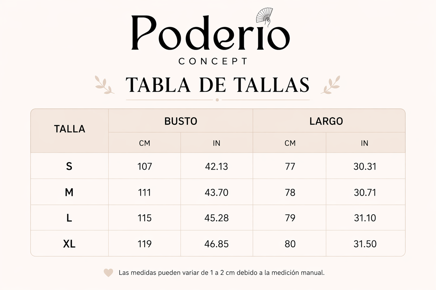 Tabla de tallas Poderdio Concept con medidas de busto y largo