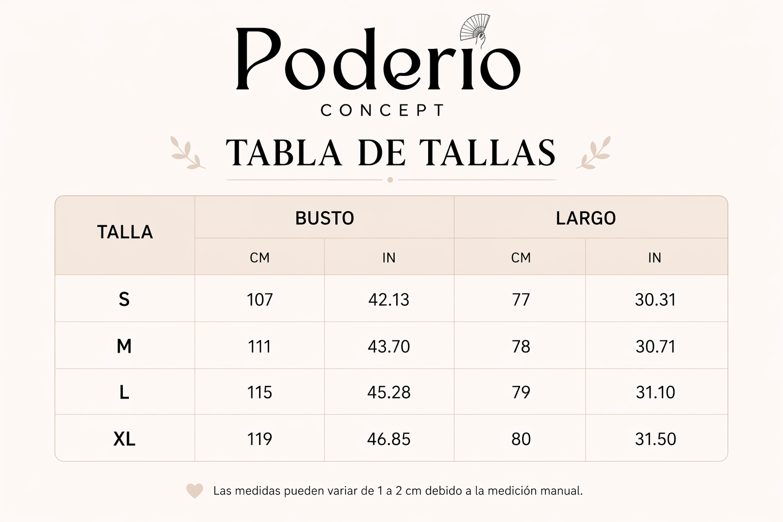 Tabla de tallas Poderdio Concept con medidas de busto y largo