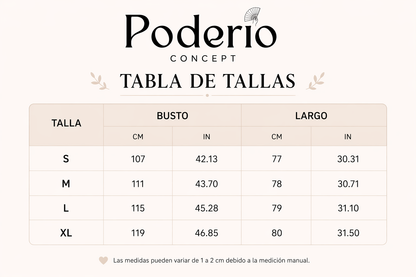 Tabla de tallas Poderdio Concept con medidas de busto y largo
