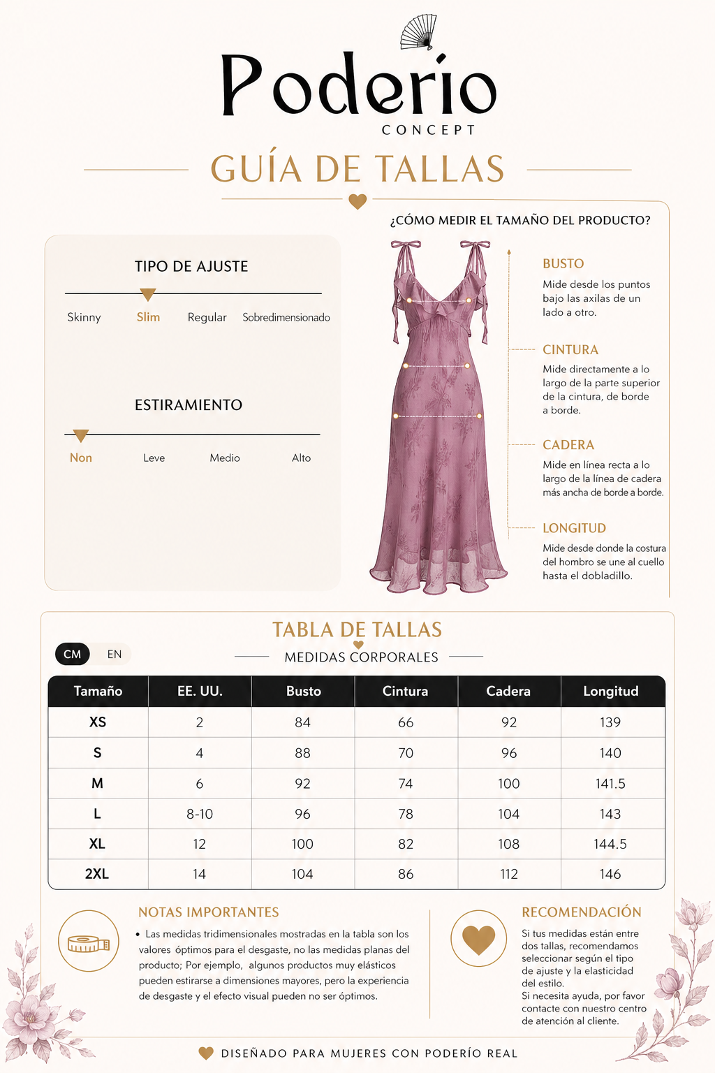 Guía de tallas Podério para vestido midi violeta con tabla de medidas