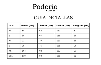Guía de tallas con tabla de medidas: pecho, cintura, cadera y longitud