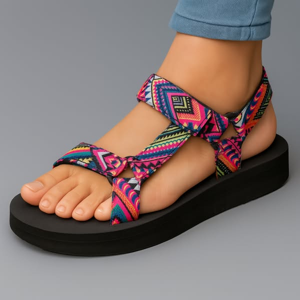 Sandalias ortopédicas negras con tiras cruzadas y estampado azteca multicolor.