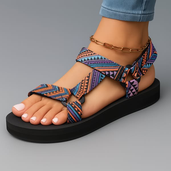 Sandalias ortopédicas con tiras multicolor y pulsera metálica dorada en el tobillo.