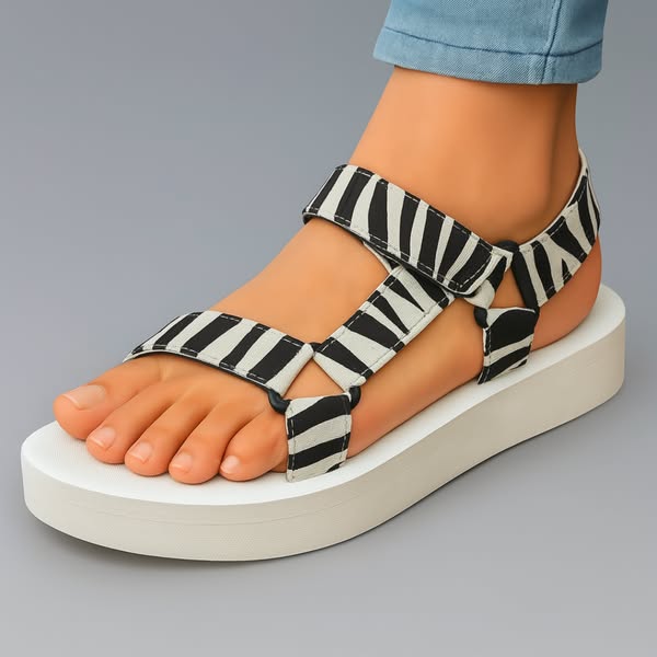 Sandalias ortopédicas con estampado cebra negro y blanco, plataforma blanca y tiras ajustables.