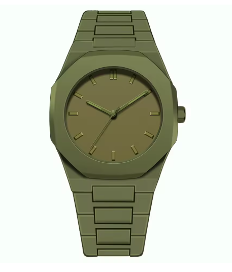 Reloj minimalista verde militar con correa a eslabones y esfera verde con manecillas