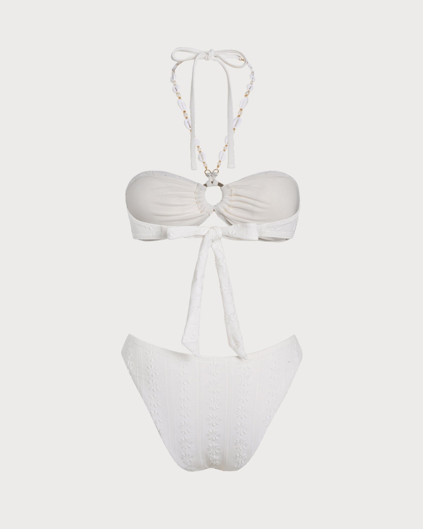 Conjunto de bikini bandeau blanco con lazo en el escote y braguita de tiro alto
