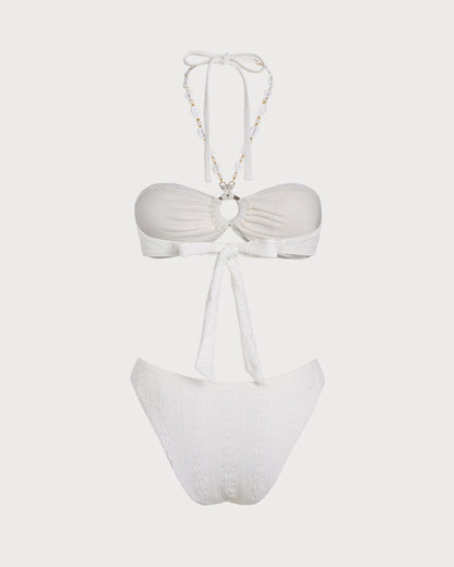 Conjunto de bikini bandeau blanco con lazo en el escote y braguita de tiro alto