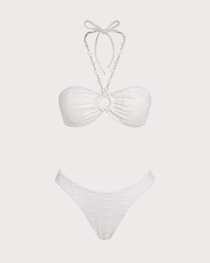 Conjunto de bikini bandeau blanco: top con lazo ajustable y braguita de tiro alto