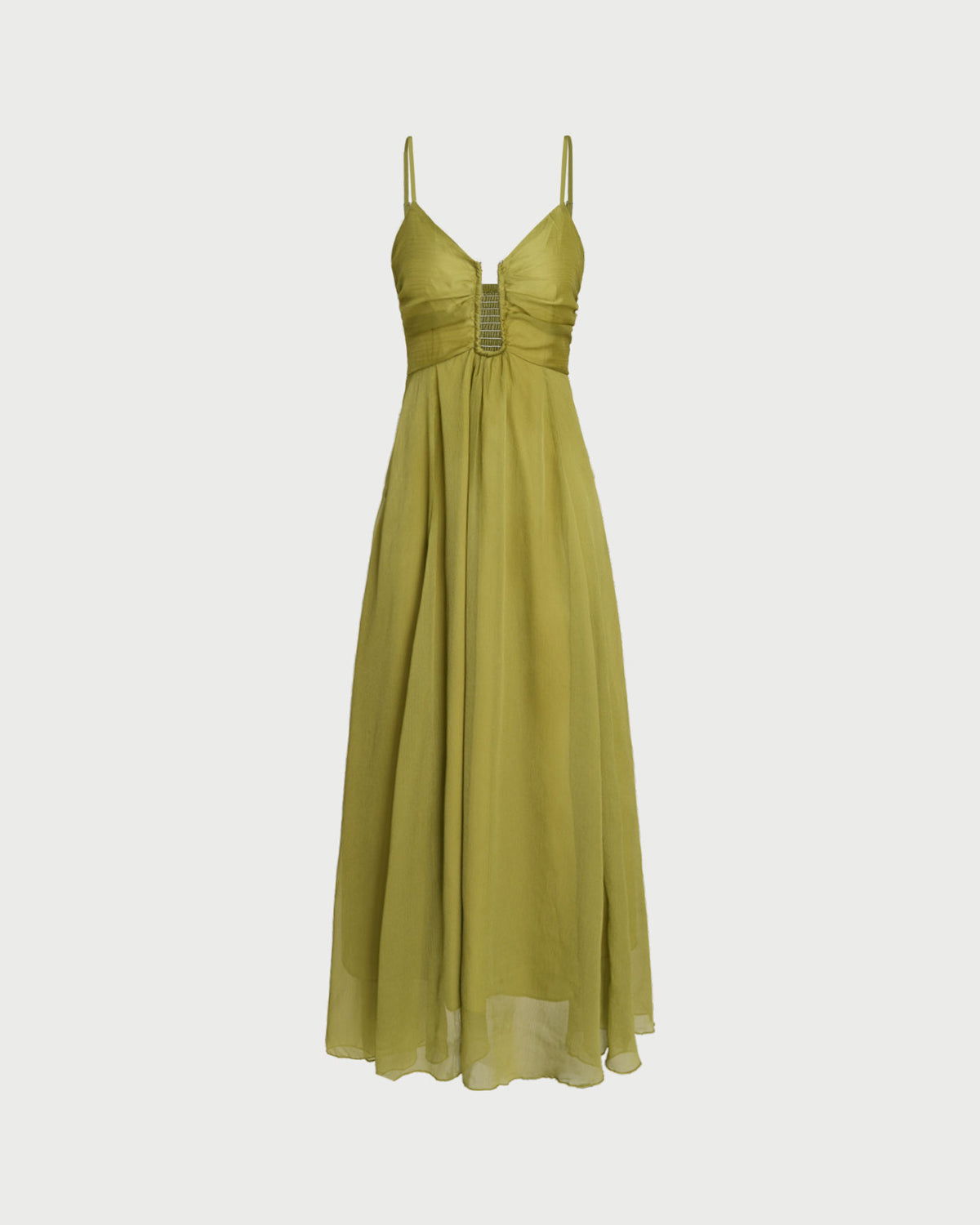 Vestido largo verde de tirantes finos con costura fruncida y cierre frontal